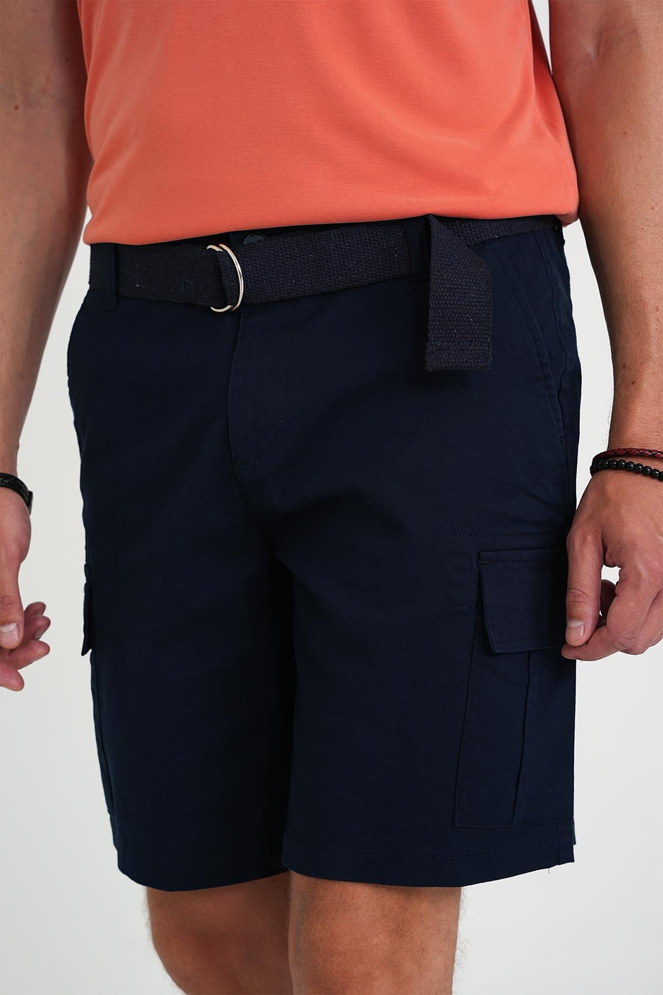 Comfort Fit Beli Kemerli Kargo Cep Pamuk Casual Lacivert Şort Bermuda 039 