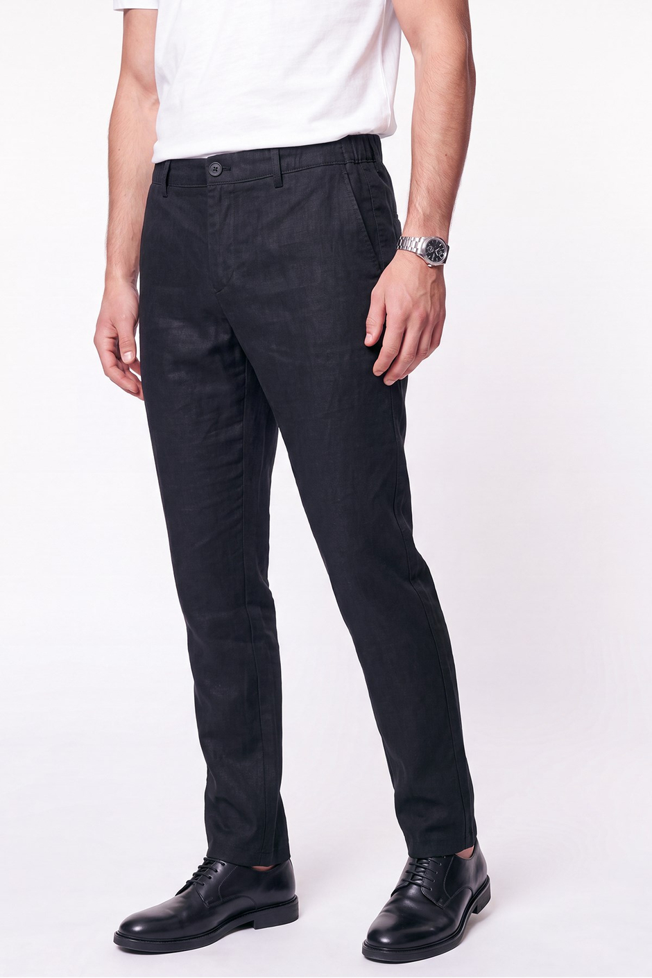Comfort Fit Beli Lastikli %100 Keten Siyah Pantolon P 1215