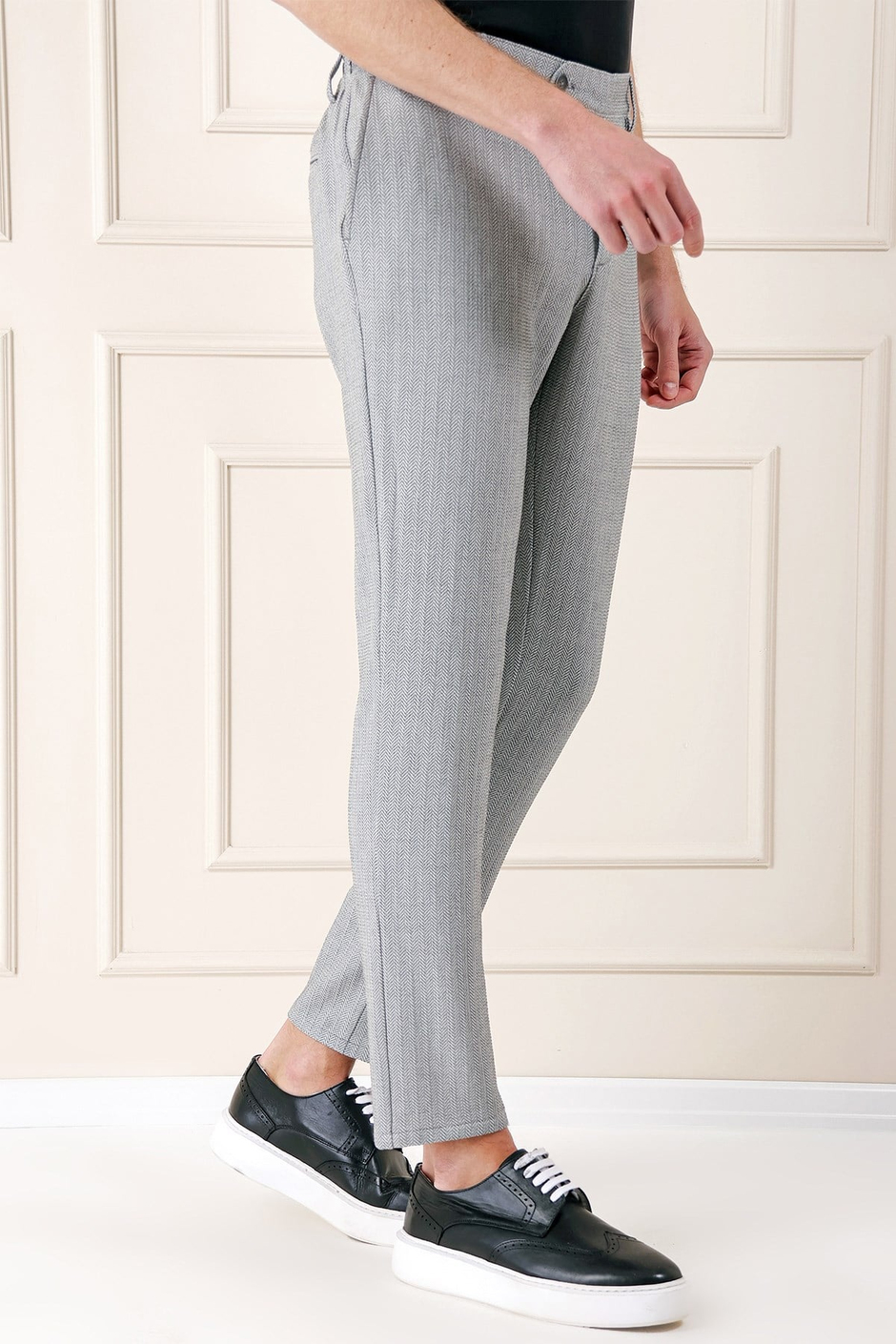 Comfort Fit Beli Lastikli Balıksırtı Dokuma Pamuklu Gri Pantolon P 1155
