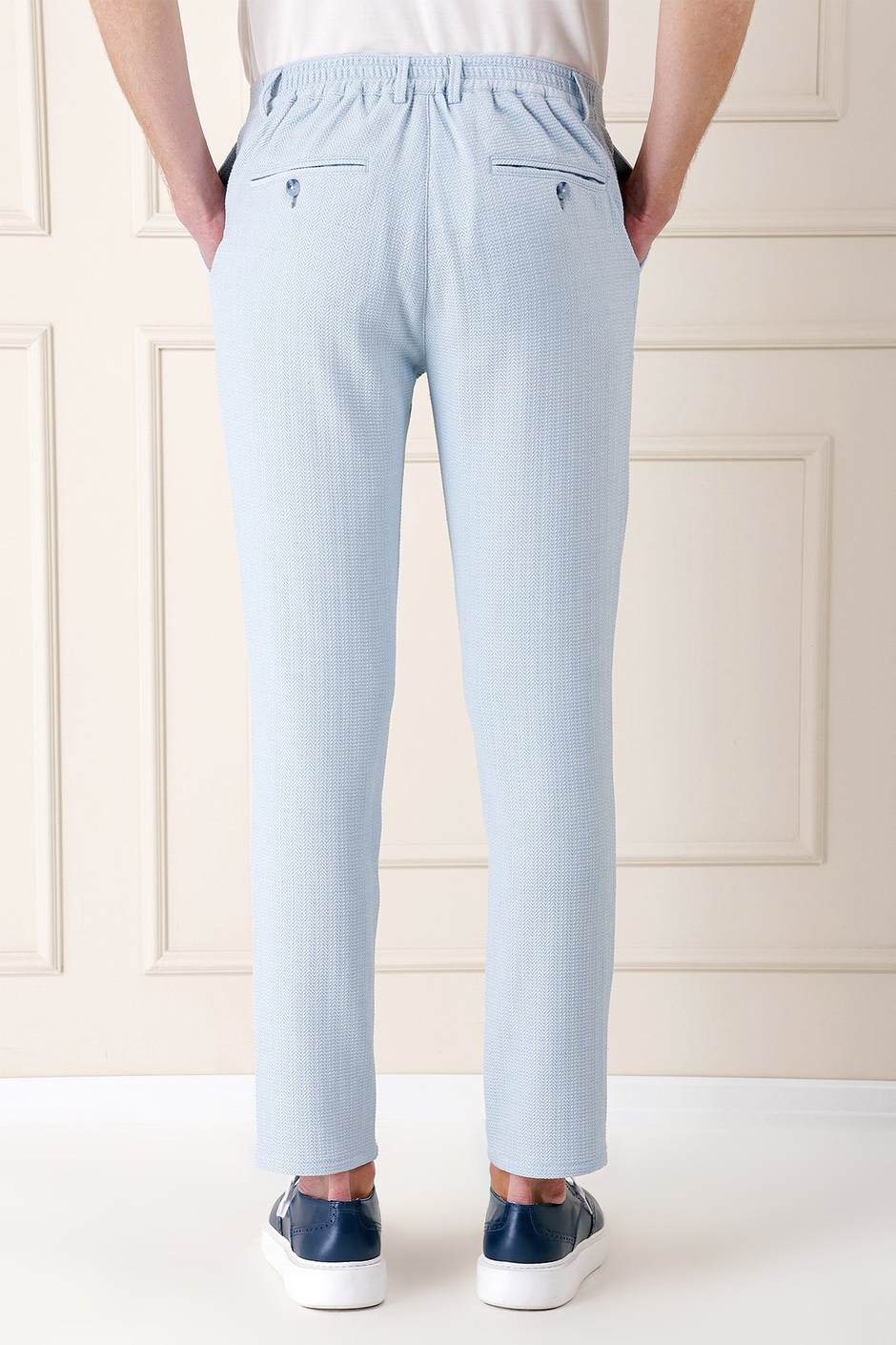Comfort Fit Beli Lastikli Balıksırtı Dokuma Pamuklu Mavi Pantolon P 1155