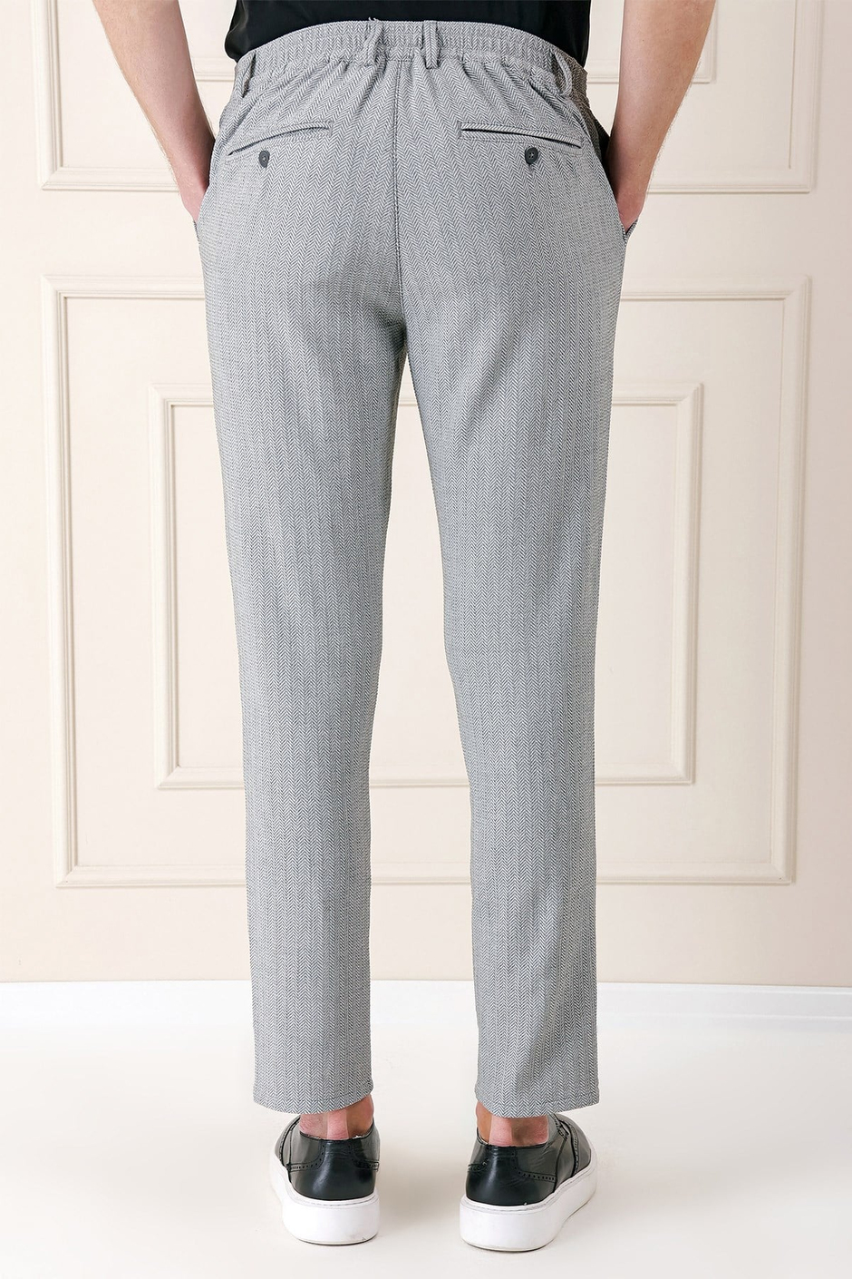 Comfort Fit Beli Lastikli Balıksırtı Dokuma Pamuklu Gri Pantolon P 1155