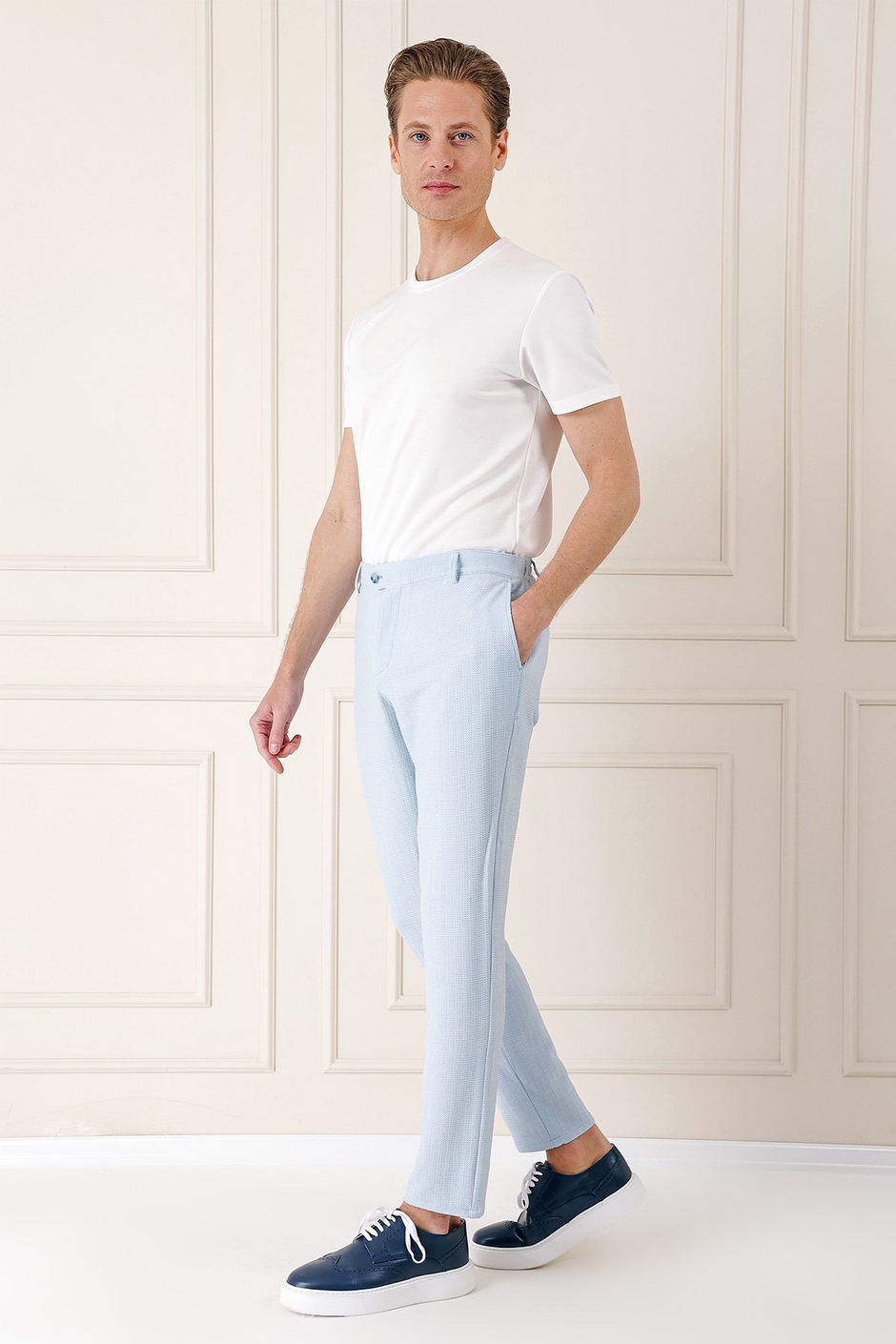 Comfort Fit Beli Lastikli Balıksırtı Dokuma Pamuklu Mavi Pantolon P 1155