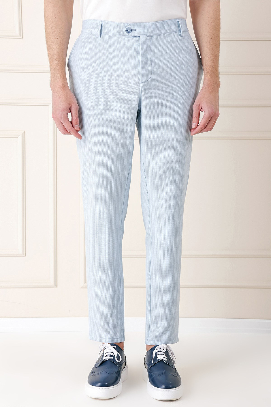 Comfort Fit Beli Lastikli Balıksırtı Dokuma Pamuklu Mavi Pantolon P 1155