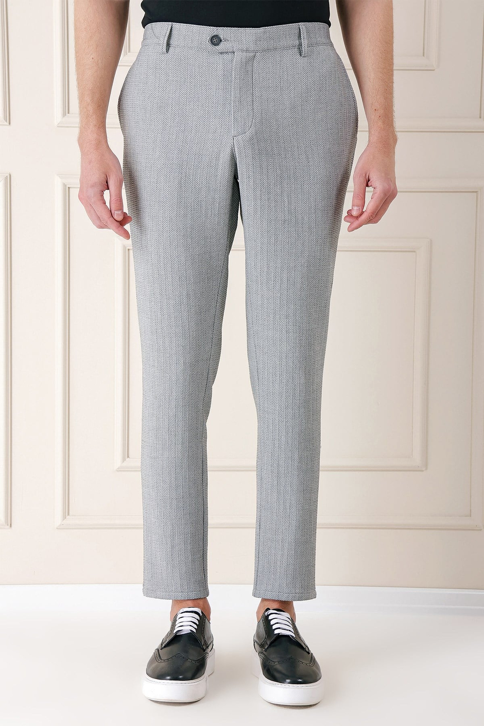 Comfort Fit Beli Lastikli Balıksırtı Dokuma Pamuklu Gri Pantolon P 1155