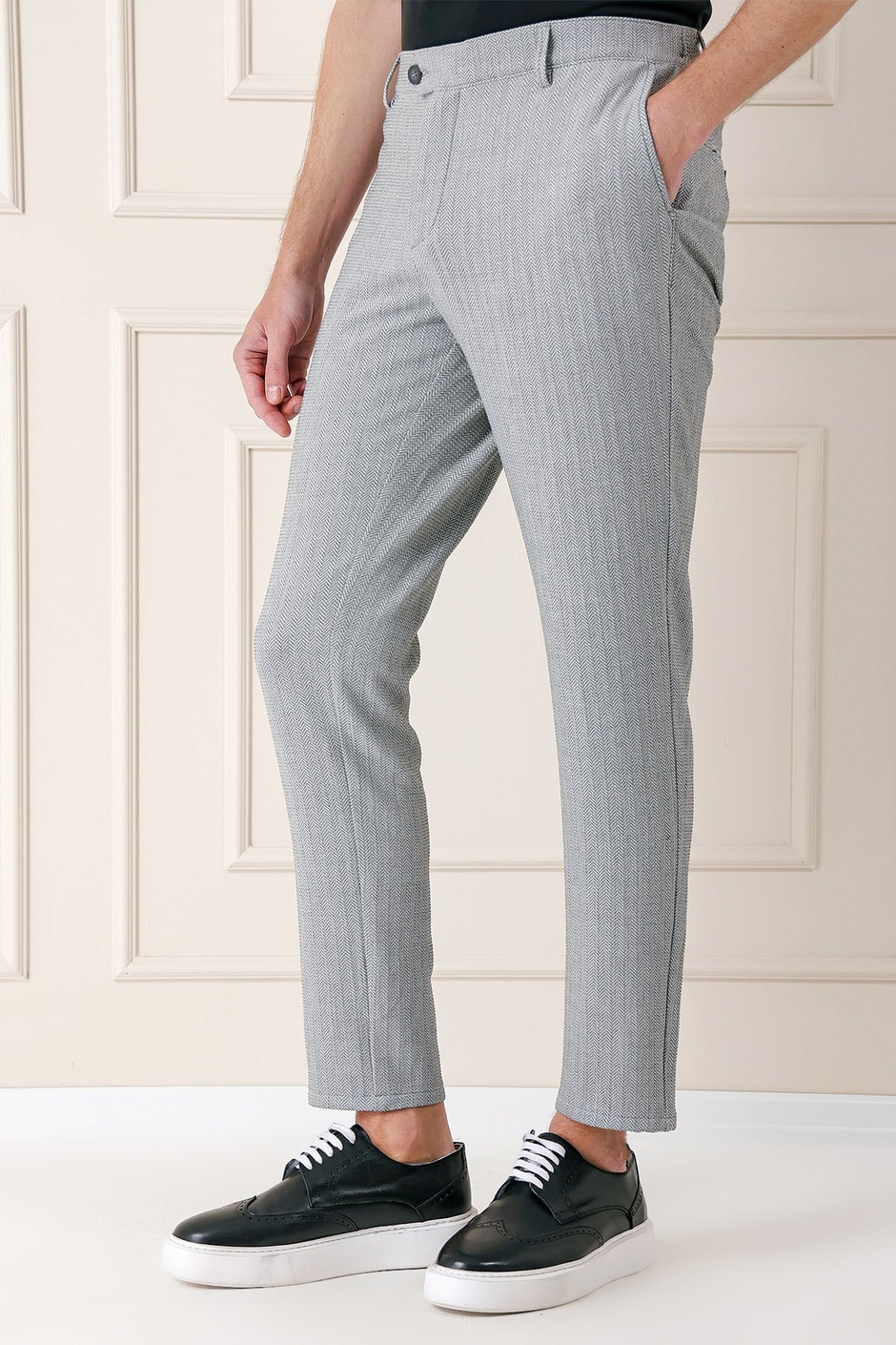 Comfort Fit Beli Lastikli Balıksırtı Dokuma Pamuklu Gri Pantolon P 1155