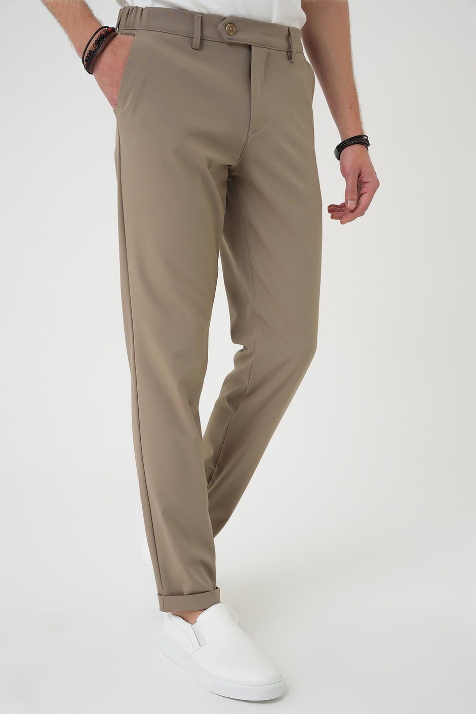 Comfort Fit Beli Lastikli Bej Jogger Pantolon  P 1184