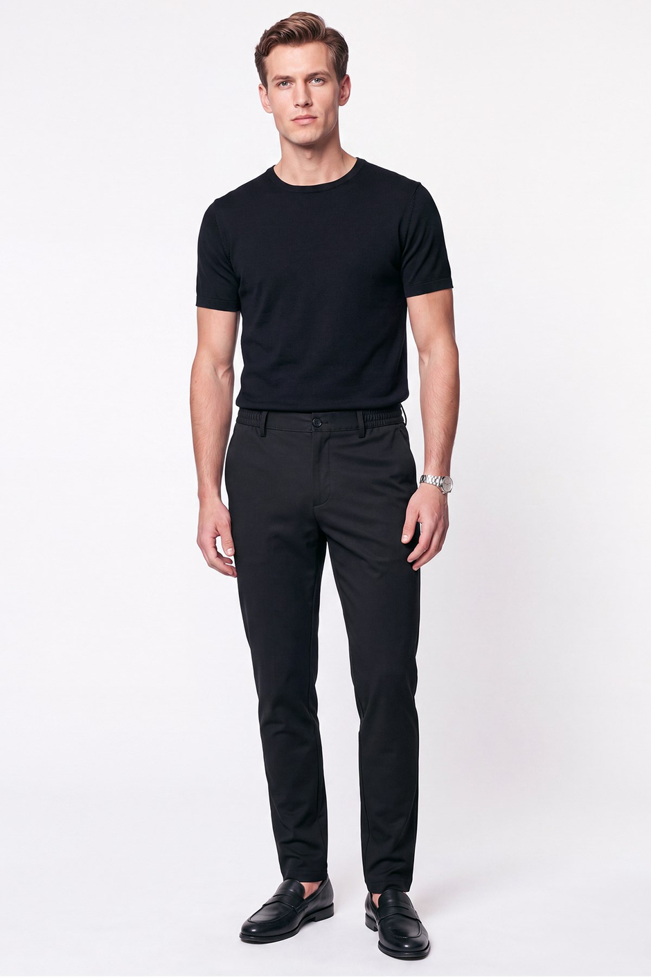 Comfort Fit Beli Lastikli Esnek Keten Siyah Pantolon P 1221