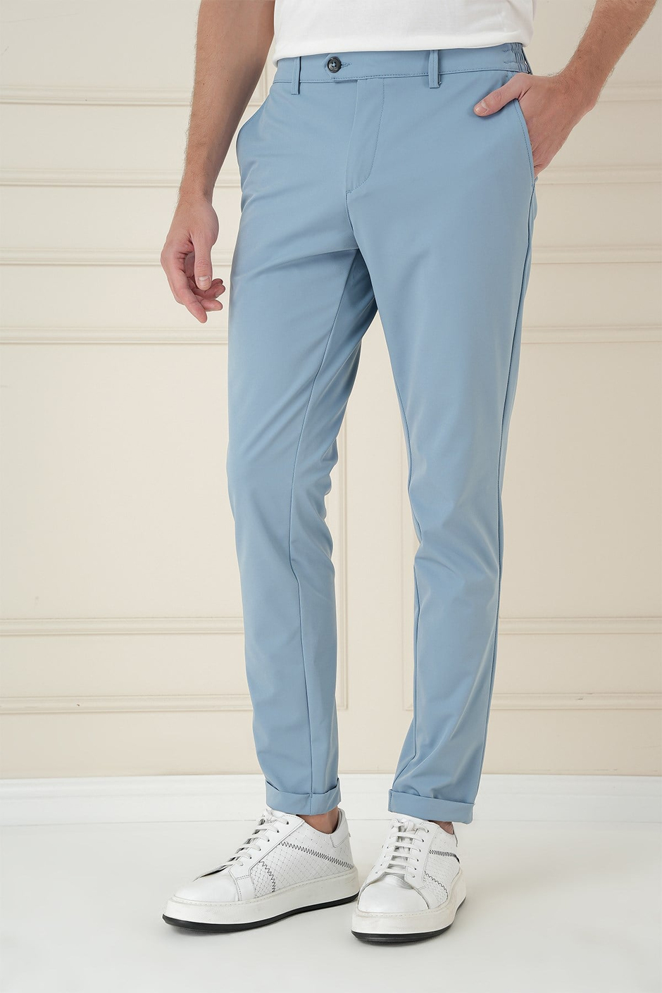 Comfort Fit Beli Lastikli Esnek Pamuk Havacı Mavi Pantolon P 1173