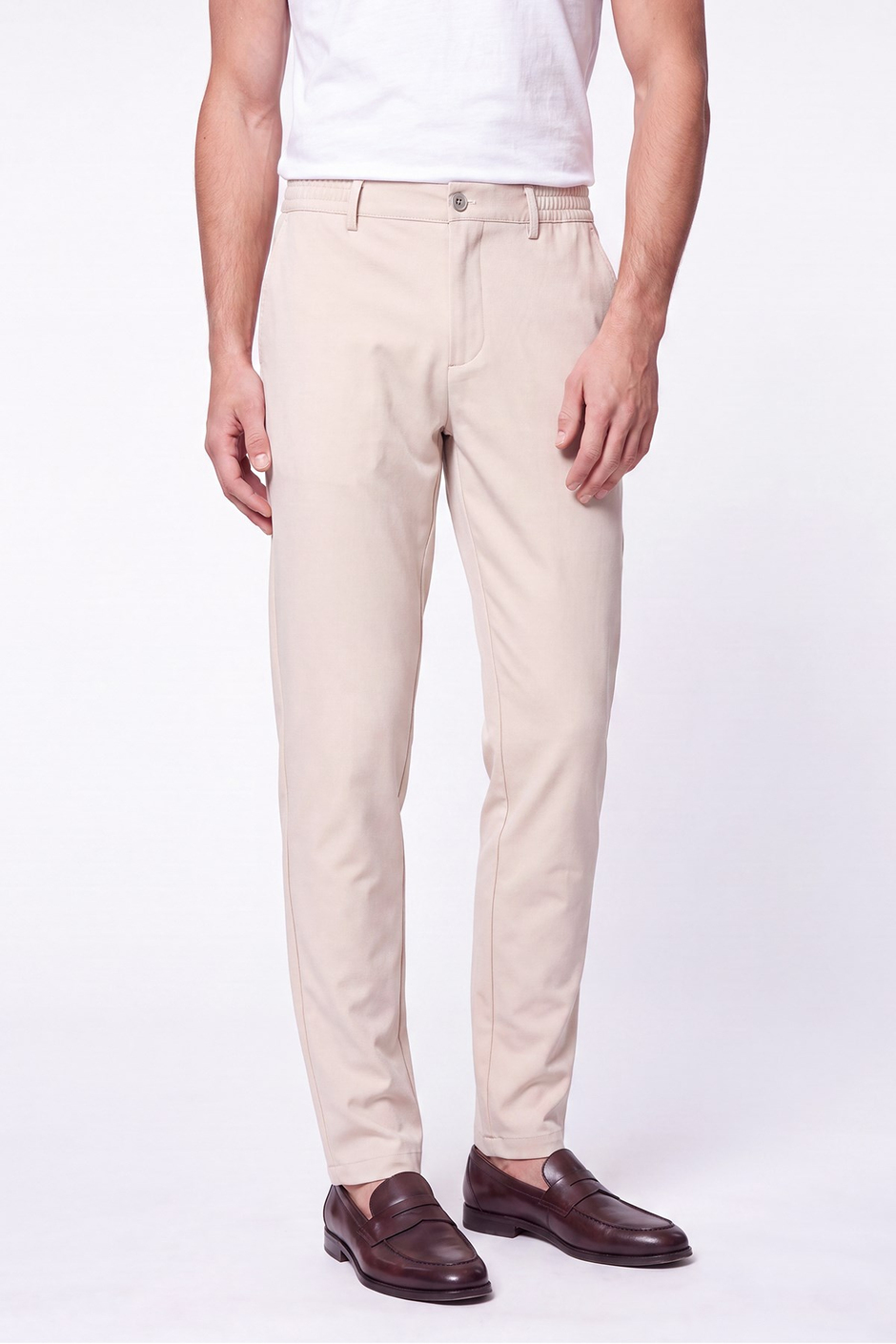 Comfort Fit Beli Lastikli Esnek Pamuk Bej Jogger Pantolon P 1222