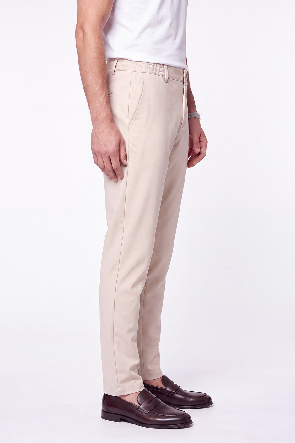 Comfort Fit Beli Lastikli Esnek Pamuk Bej Jogger Pantolon P 1222