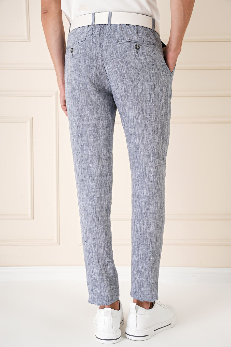 Comfort Fit Beli Lastikli Pileli %100 Keten Lacivert Pantolon P 1145