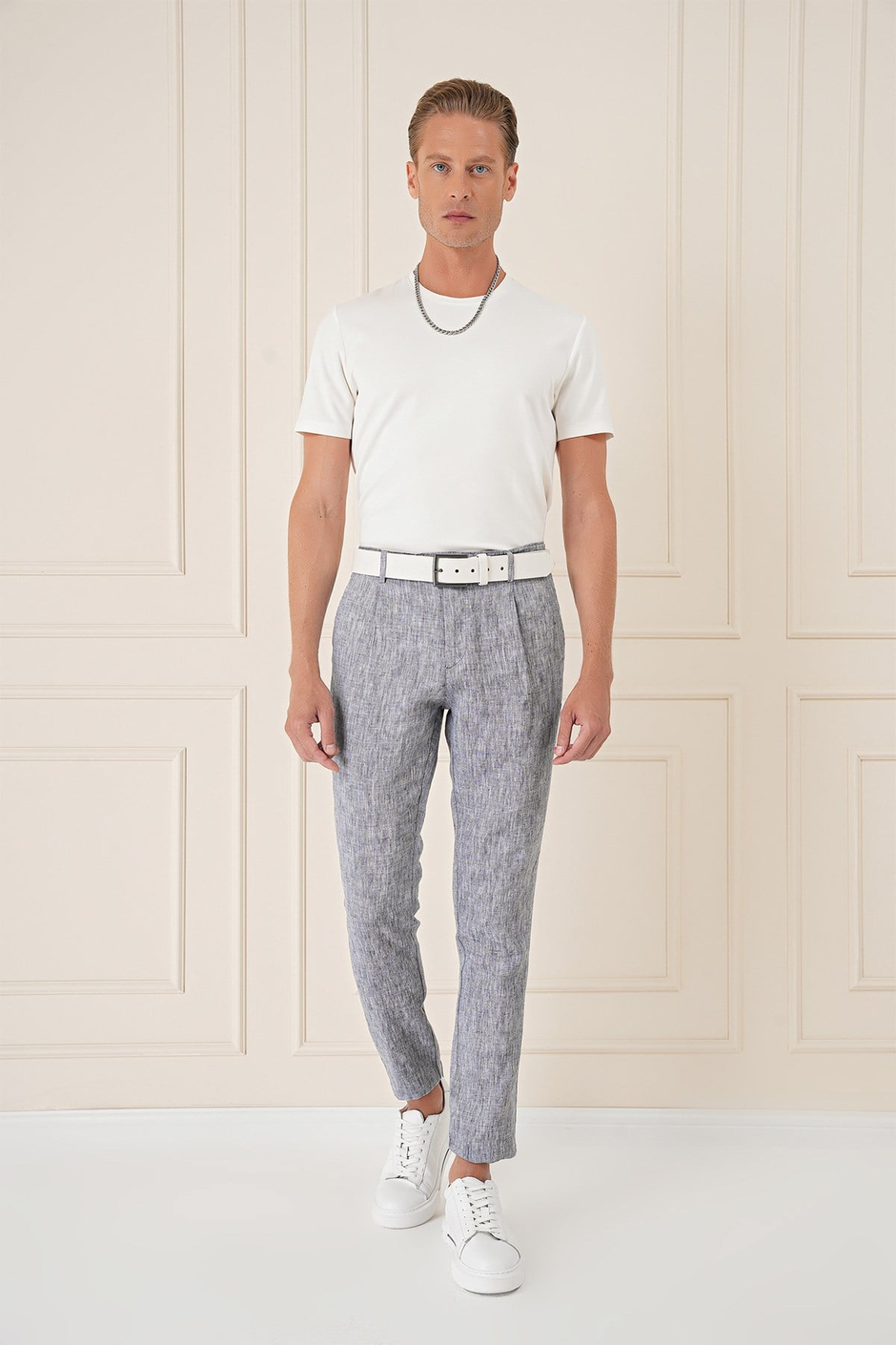 Comfort Fit Beli Lastikli Pileli %100 Keten Lacivert Pantolon P 1145