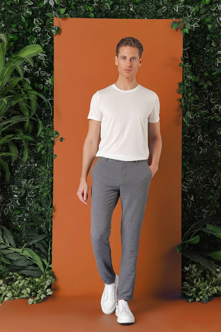 Comfort Fit Beli Lastikli Pötikareli Casual Füme Pantolon P 1149