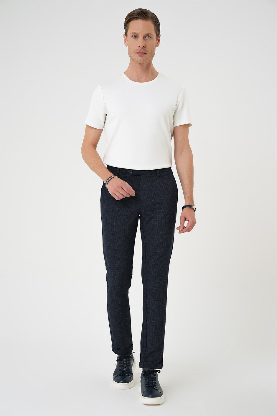 Comfort Fit Beli Lastikli Pötikareli Casual Lacivert 2 Pantolon P 1149