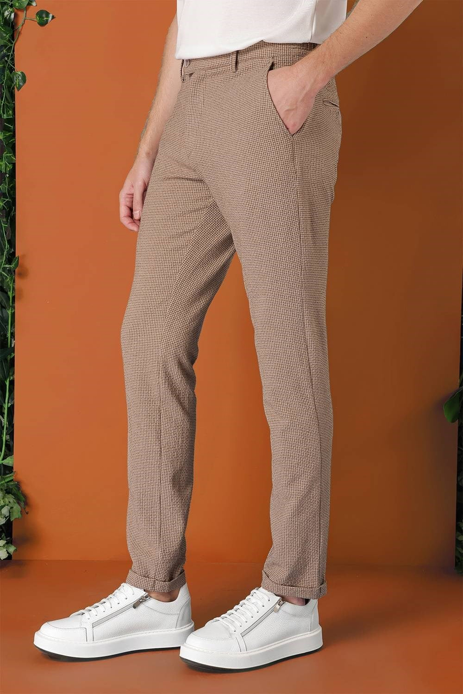 Comfort Fit Beli Lastikli Pötikareli Casual Bej Pantolon P 1149