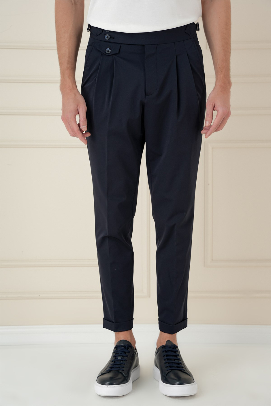 Comfort Fit Beli Tokalı Çift Pileli Lacivert Jogger Pantolon P 1172