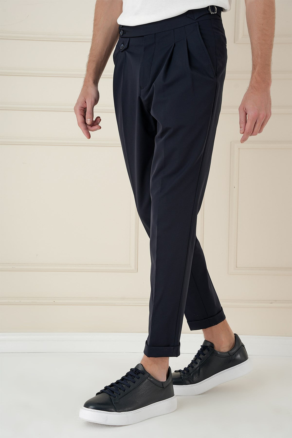 Comfort Fit Beli Tokalı Çift Pileli Lacivert Jogger Pantolon P 1172