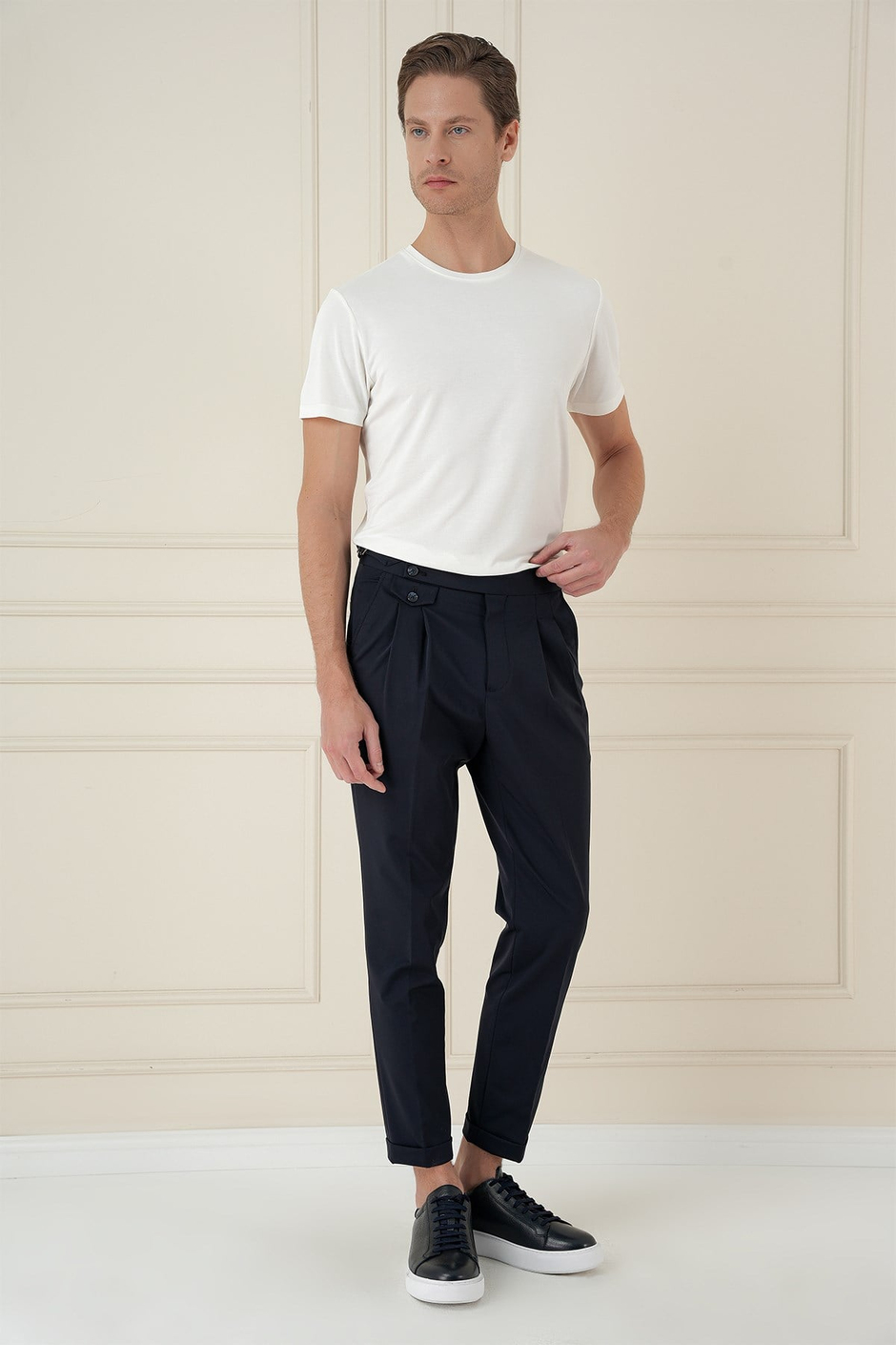 Comfort Fit Beli Tokalı Çift Pileli Lacivert Jogger Pantolon P 1172
