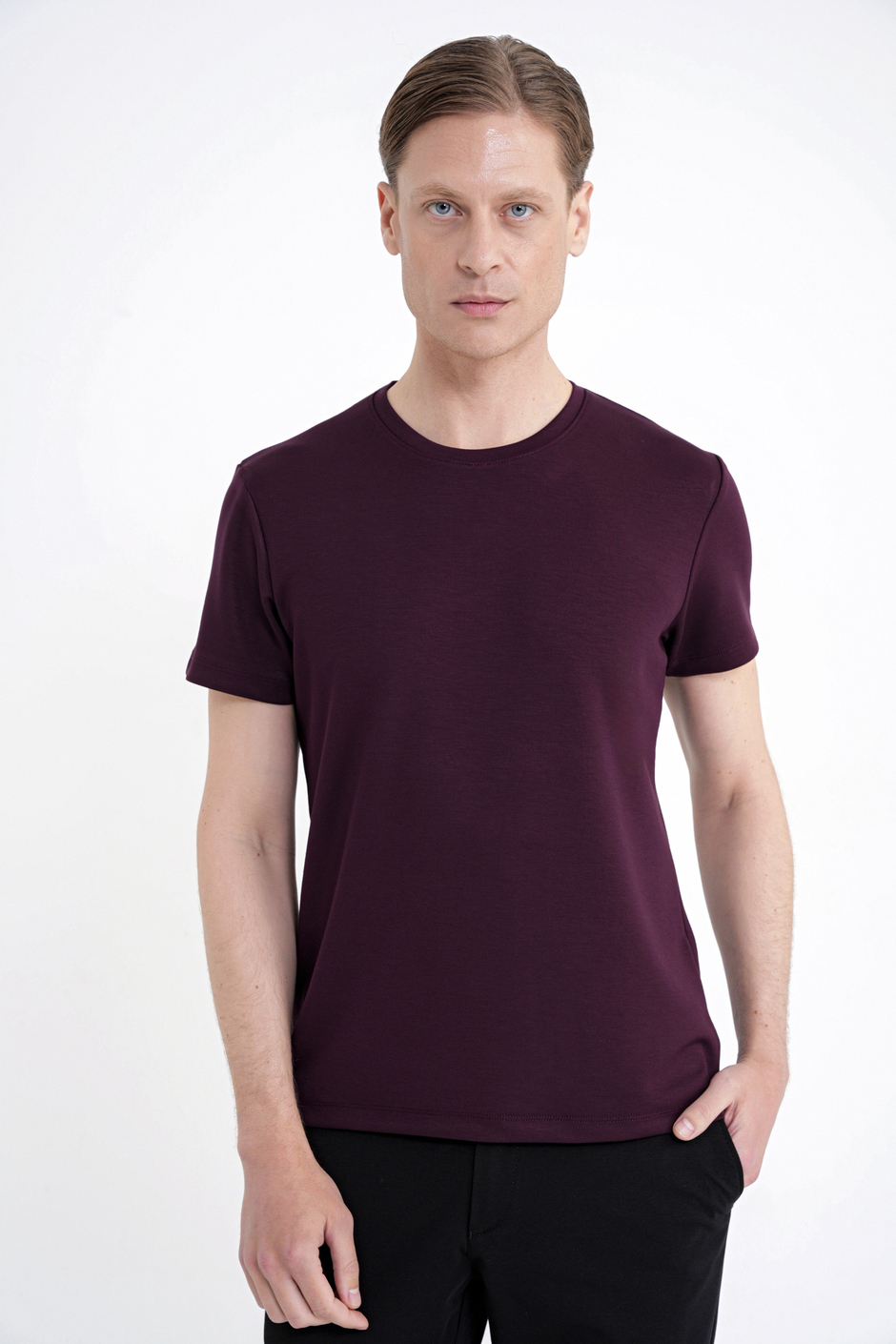 Comfort Fit Bisiklet Yaka %97 Esnek Pamuklu Mürdüm Tişört TS 885