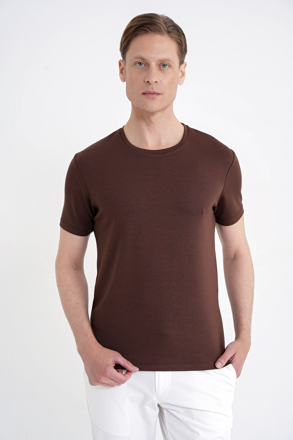 Comfort Fit Bisiklet Yaka %97 Esnek Pamuklu Kakao Tişört TS 885