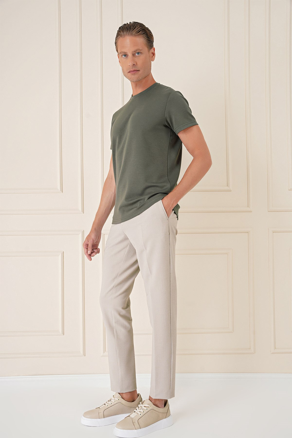 Comfort Fit Bisiklet Yaka %97 Esnek Pamuklu Haki Tişört TS 885