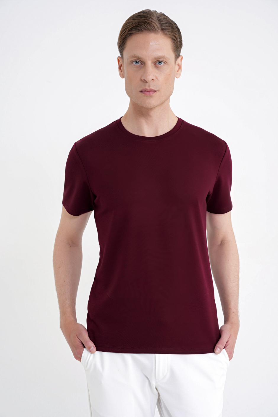Comfort Fit Bisiklet Yaka %97 Esnek Pamuklu Bordo Tişört TS 885