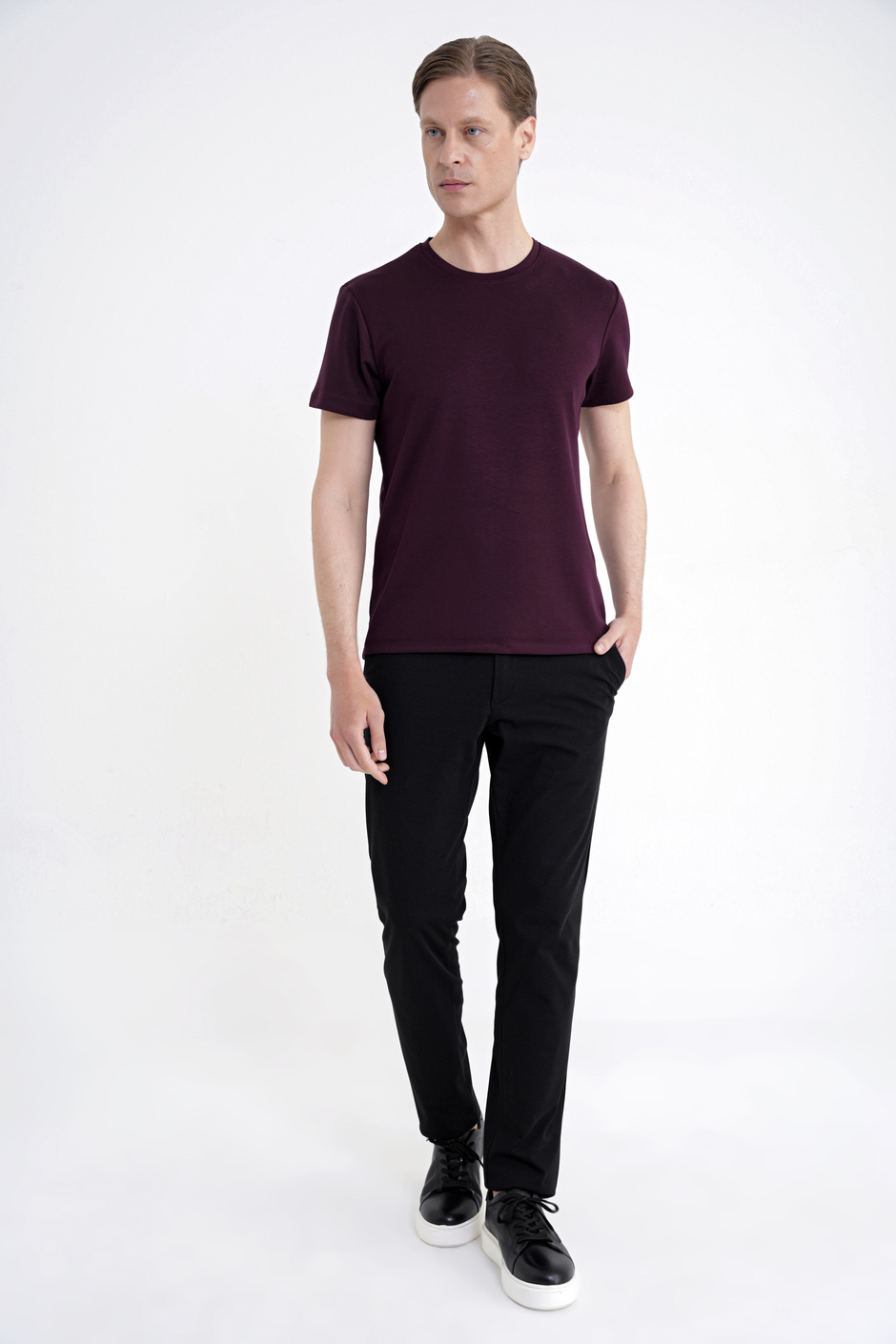 Comfort Fit Bisiklet Yaka %97 Esnek Pamuklu Mürdüm Tişört TS 885