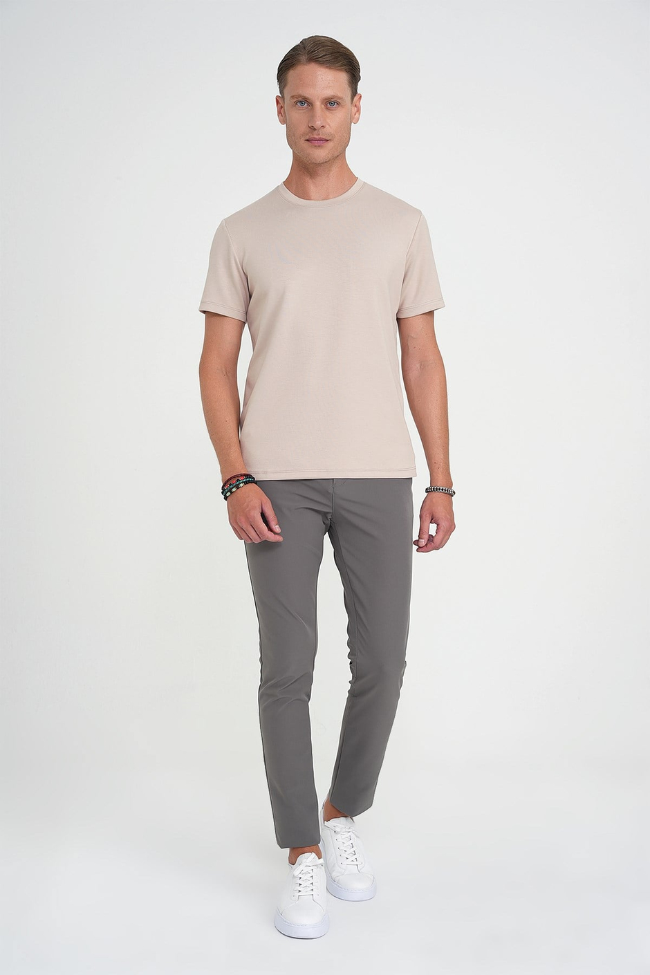 Comfort Fit Bisiklet Yaka %97 Esnek Pamuklu Bej Tişört TS 885