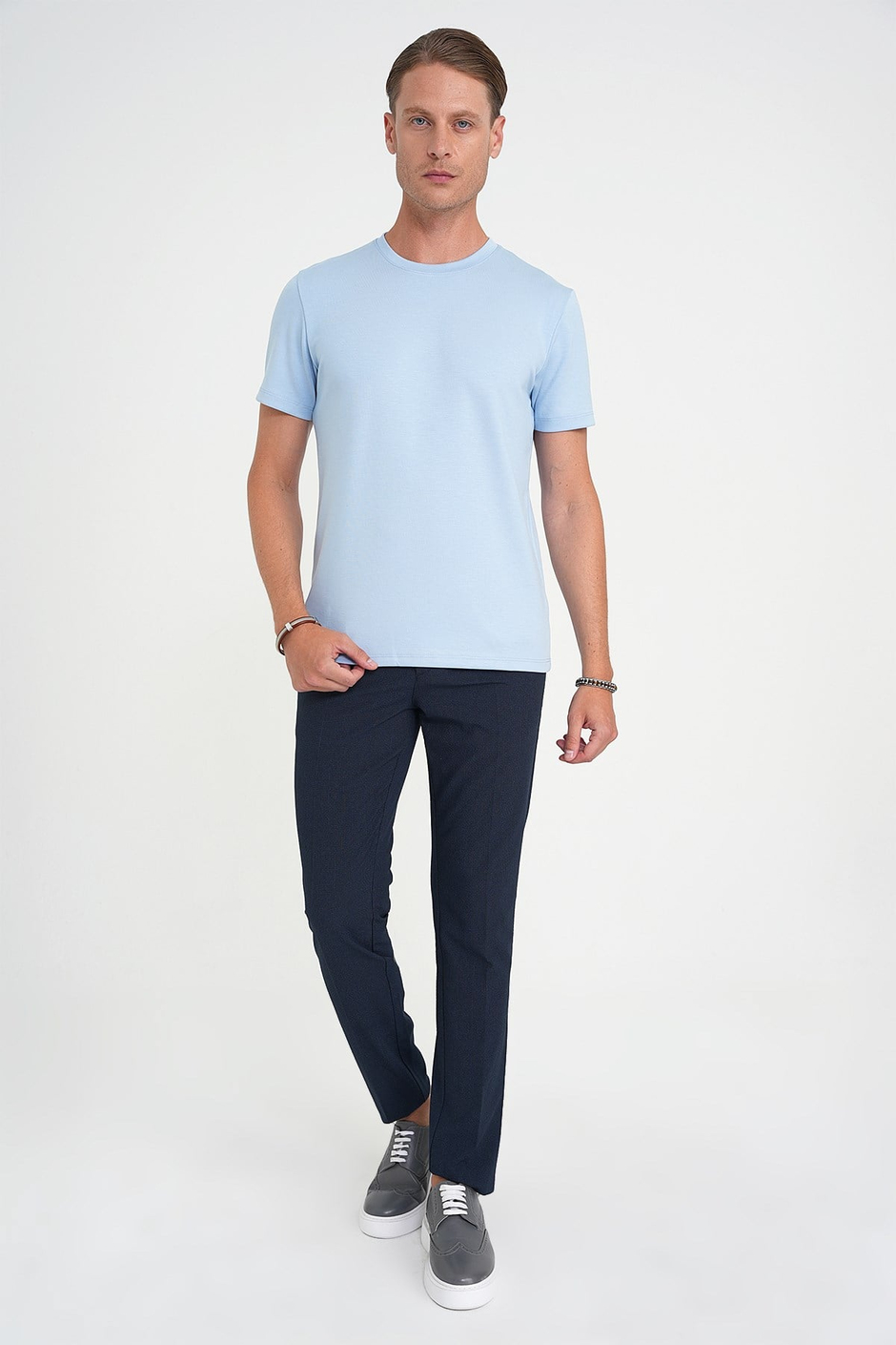 Comfort Fit Bisiklet Yaka %97 Esnek Pamuklu Mavi Tişört TS 885