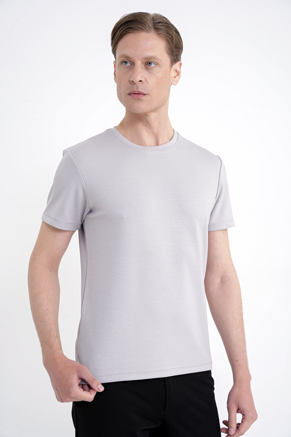 Comfort Fit Bisiklet Yaka %97 Esnek Pamuklu Gri Tişört TS 885