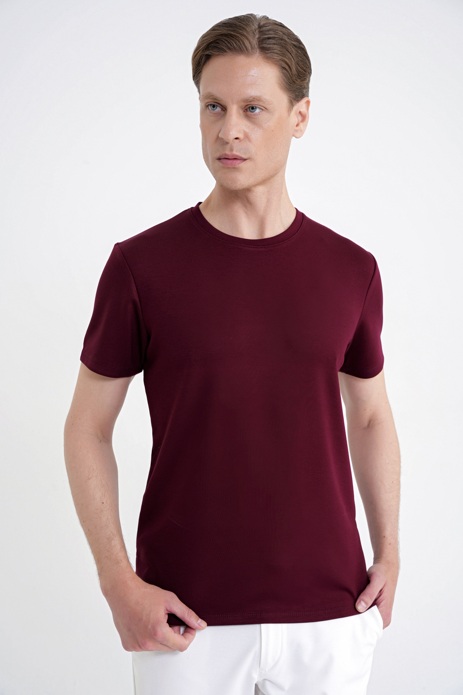 Comfort Fit Bisiklet Yaka %97 Esnek Pamuklu Bordo Tişört TS 885