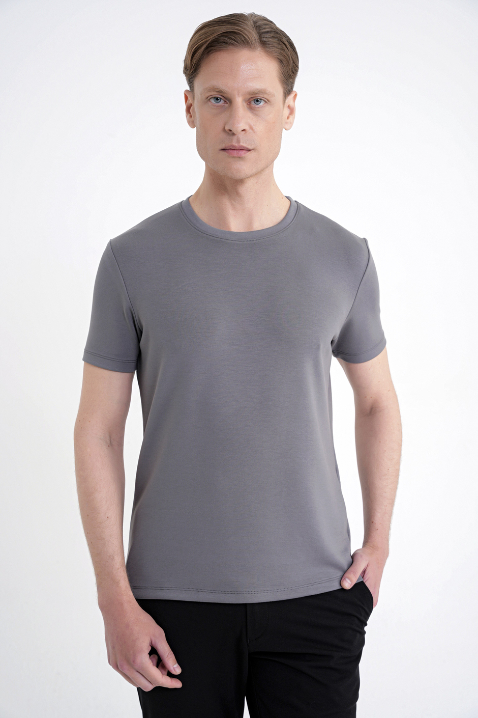 Comfort Fit Bisiklet Yaka %97 Esnek Pamuklu Antrasit Tişört TS 885