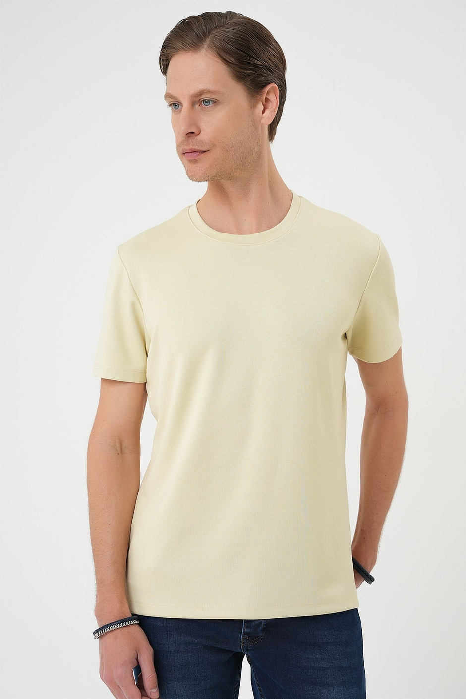 Comfort Fit Bisiklet Yaka %97 Esnek Pamuklu Su Yeşili Tişört TS 885