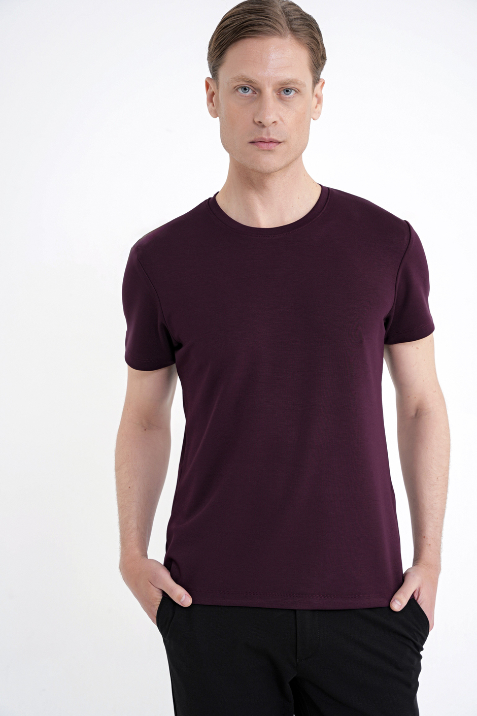Comfort Fit Bisiklet Yaka %97 Esnek Pamuklu Mürdüm Tişört TS 885