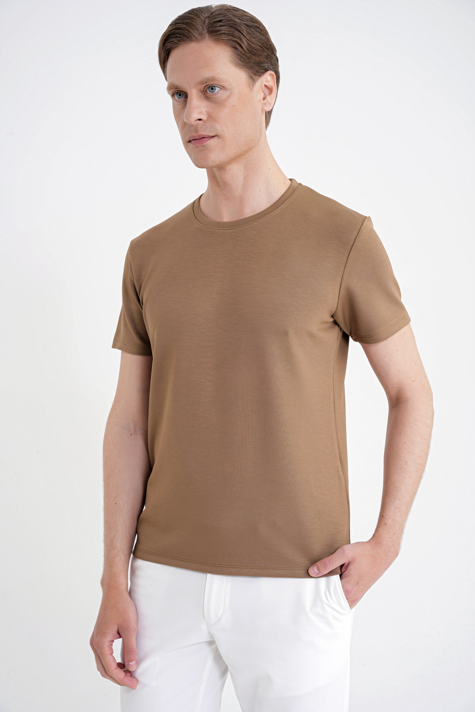 Comfort Fit Bisiklet Yaka %97 Esnek Pamuklu Vizon Tişört TS 885