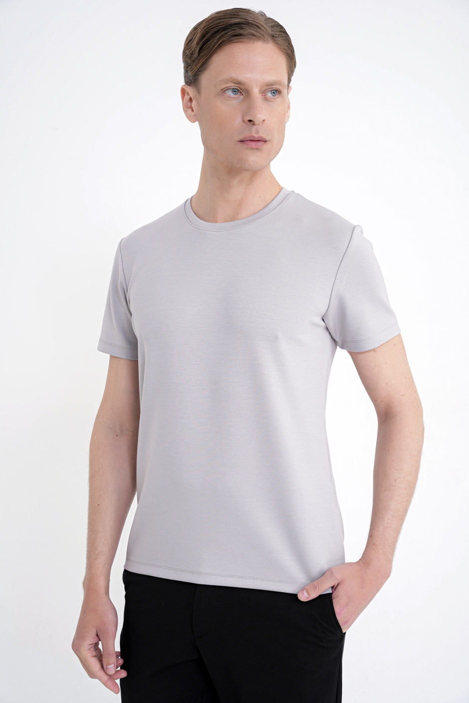 Comfort Fit Bisiklet Yaka %97 Esnek Pamuklu Gri Tişört TS 885