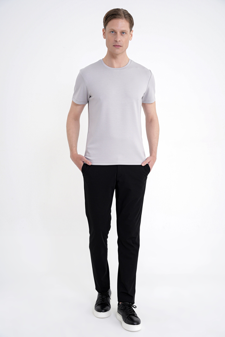 Comfort Fit Bisiklet Yaka %97 Esnek Pamuklu Gri Tişört TS 885