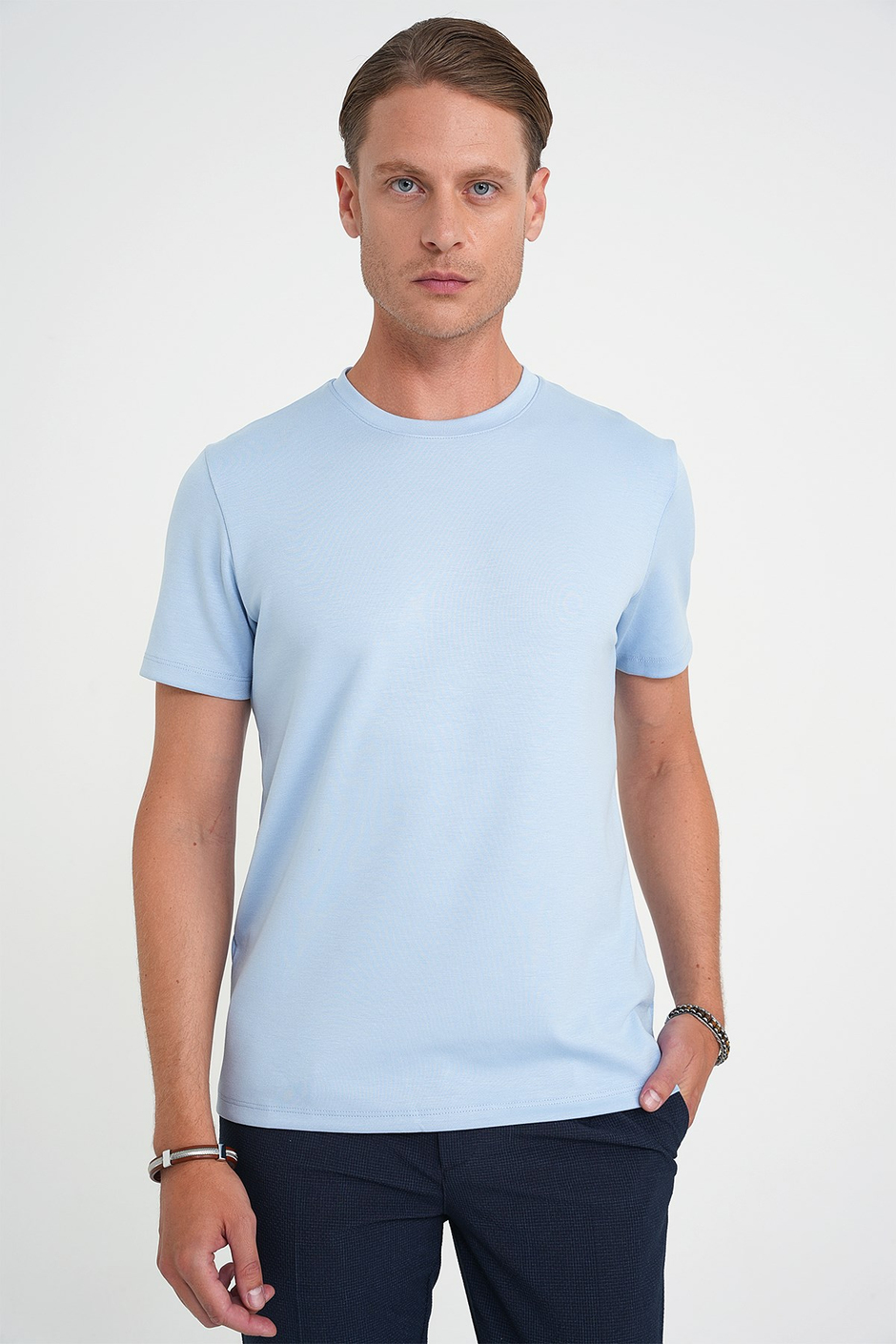 Comfort Fit Bisiklet Yaka %97 Esnek Pamuklu Mavi Tişört TS 885