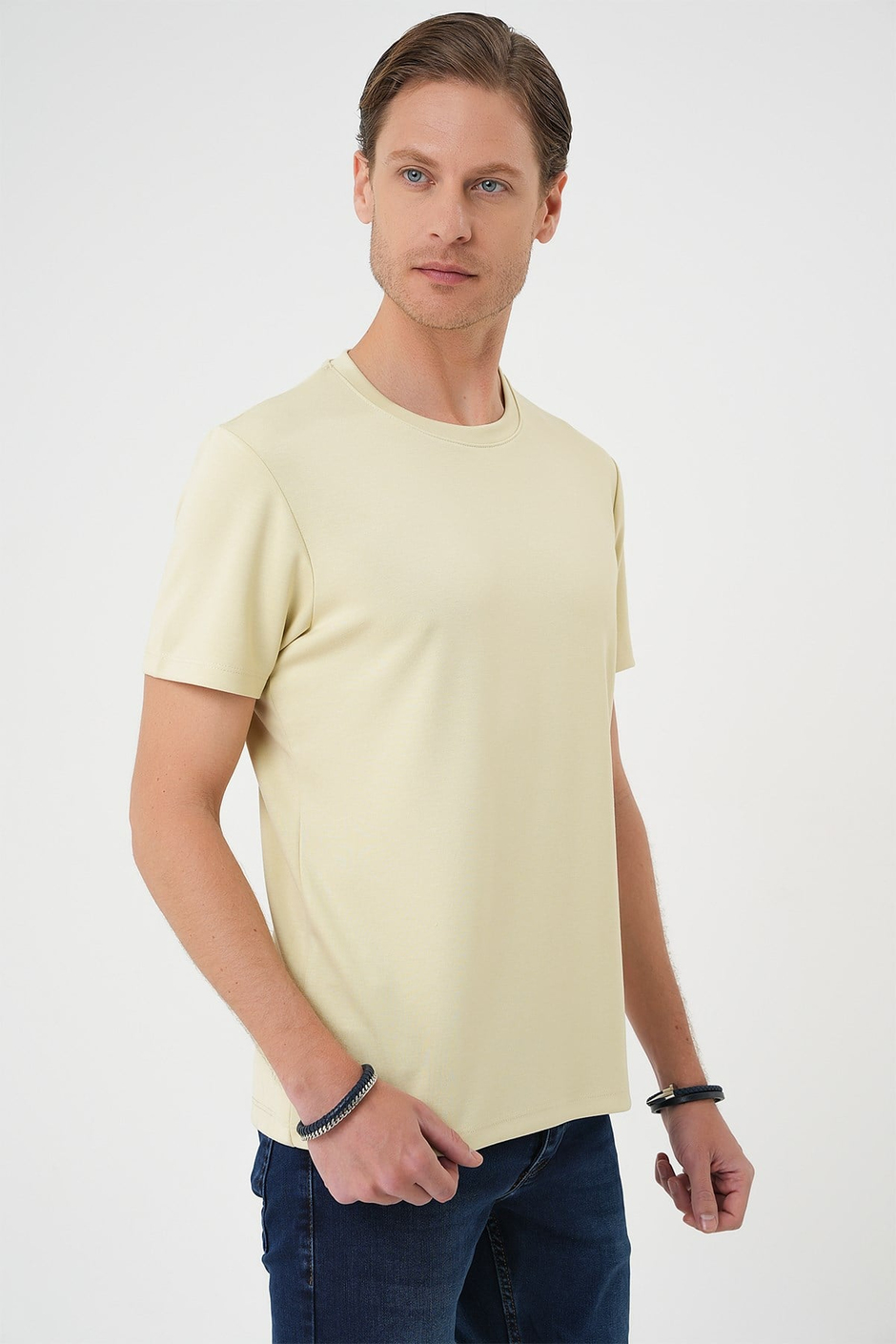 Comfort Fit Bisiklet Yaka %97 Esnek Pamuklu Su Yeşili Tişört TS 885