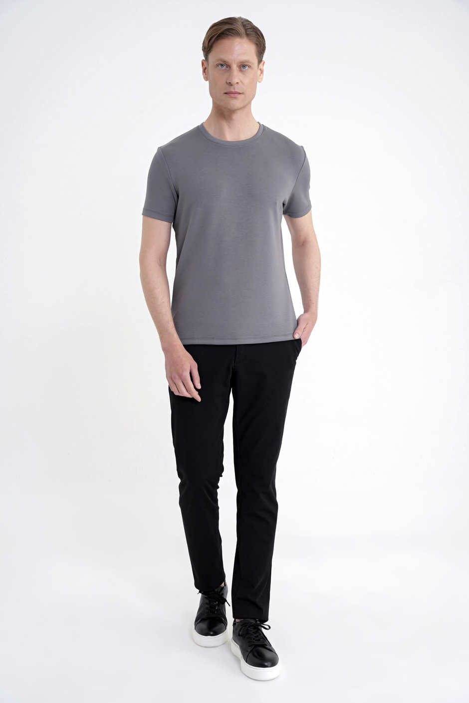 Comfort Fit Bisiklet Yaka %97 Esnek Pamuklu Antrasit Tişört TS 885