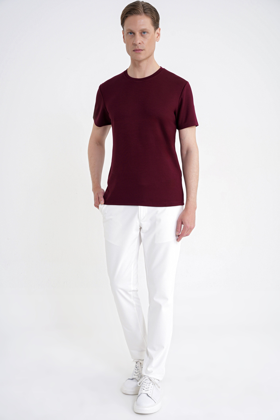 Comfort Fit Bisiklet Yaka %97 Esnek Pamuklu Bordo Tişört TS 885