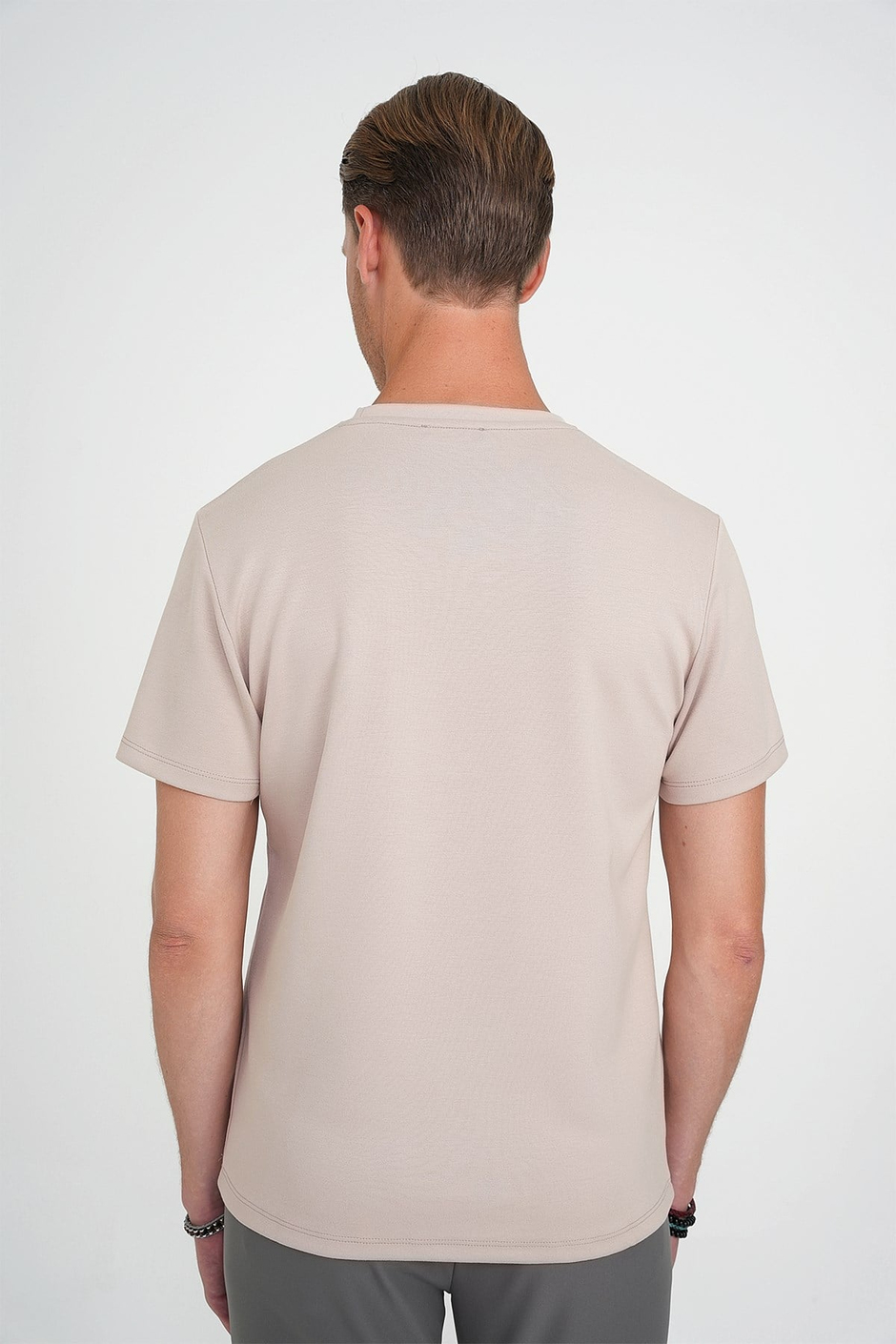 Comfort Fit Bisiklet Yaka %97 Esnek Pamuklu Bej Tişört TS 885