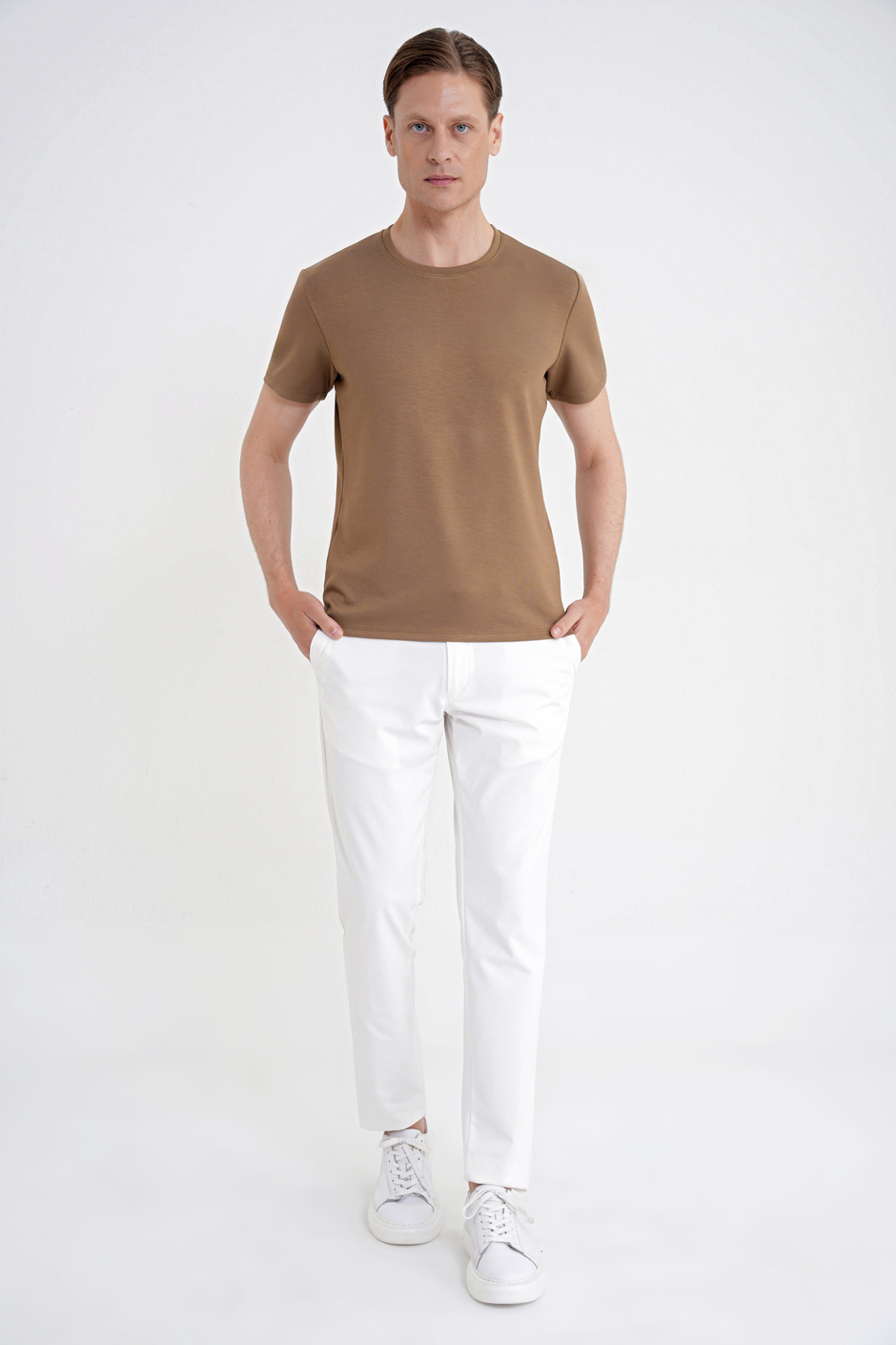 Comfort Fit Bisiklet Yaka %97 Esnek Pamuklu Vizon Tişört TS 885