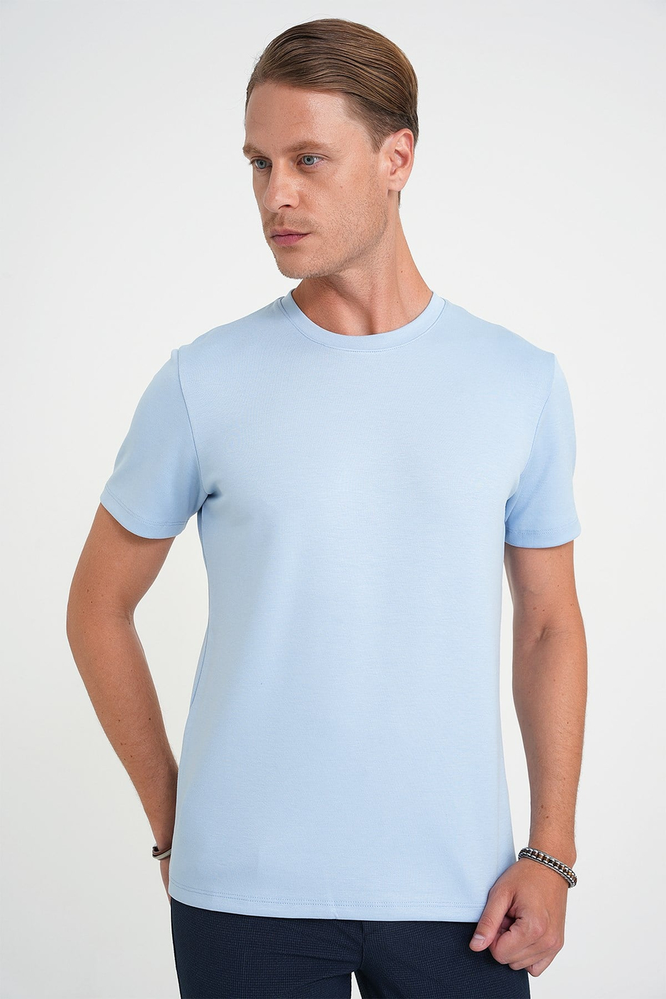 Comfort Fit Bisiklet Yaka %97 Esnek Pamuklu Mavi Tişört TS 885