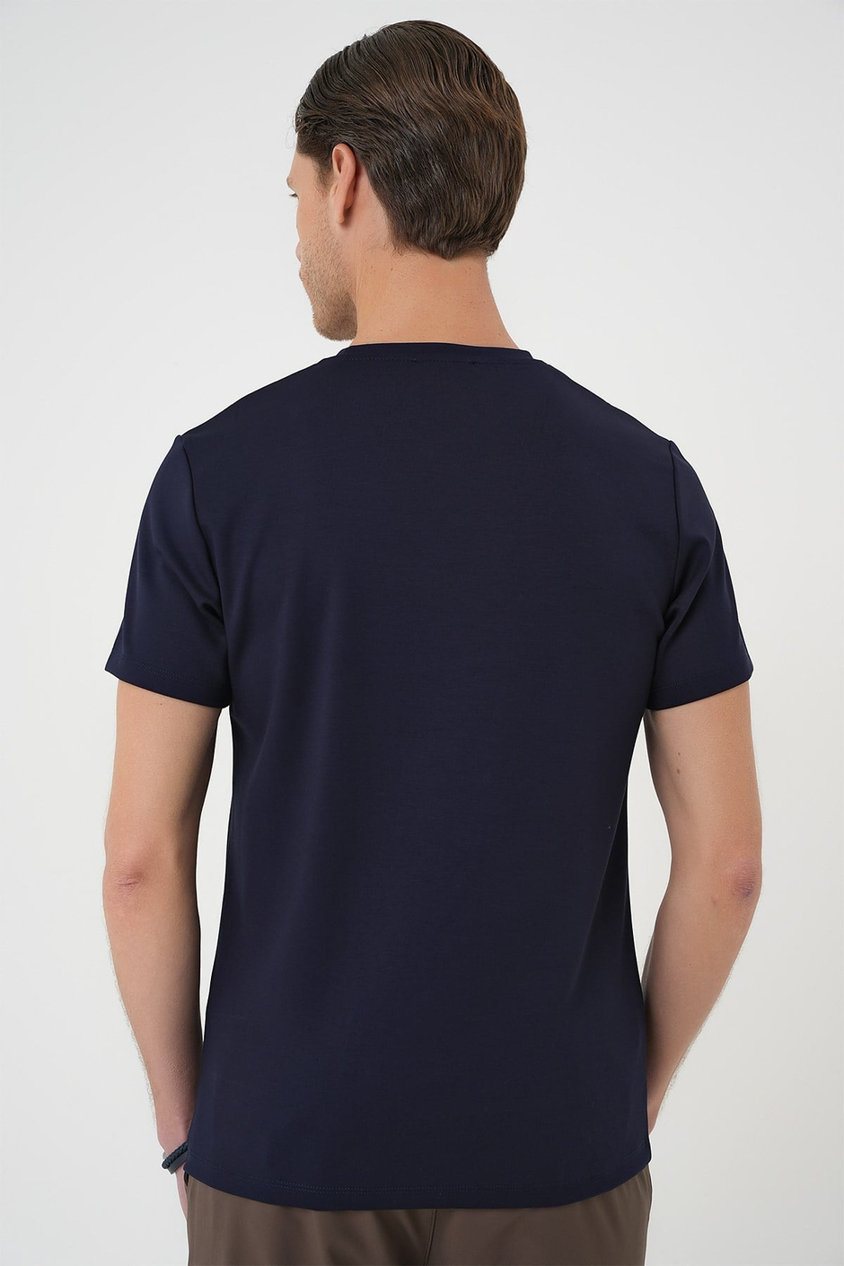 Comfort Fit Bisiklet Yaka %97 Esnek Pamuklu Koyu Lacivert Tişört TS 885