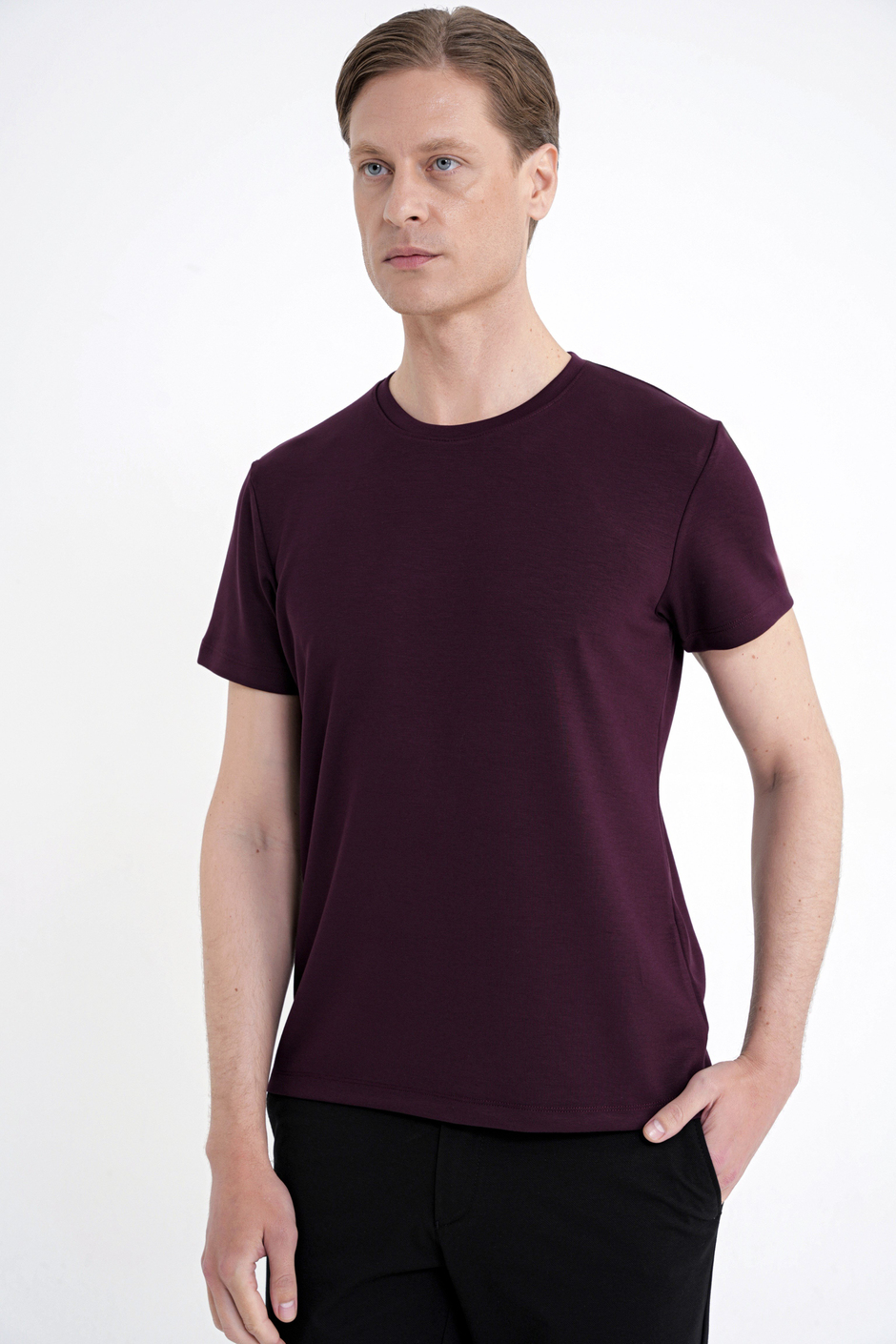 Comfort Fit Bisiklet Yaka %97 Esnek Pamuklu Mürdüm Tişört TS 885