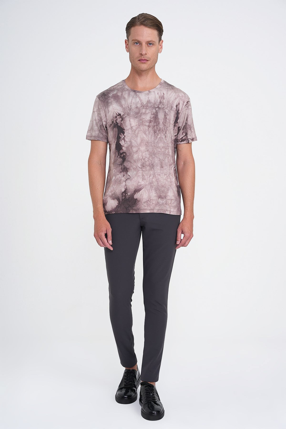 Comfort Fit Bisiklet Yaka Batik Desen Pamuklu Bej Tişört TS 914