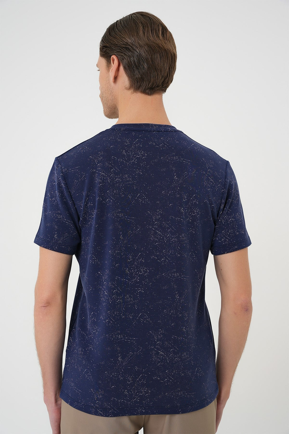 Comfort Fit Bisiklet Yaka Batik Görünümlü Esnek Pamuk Lacivert Tişört TS 905
