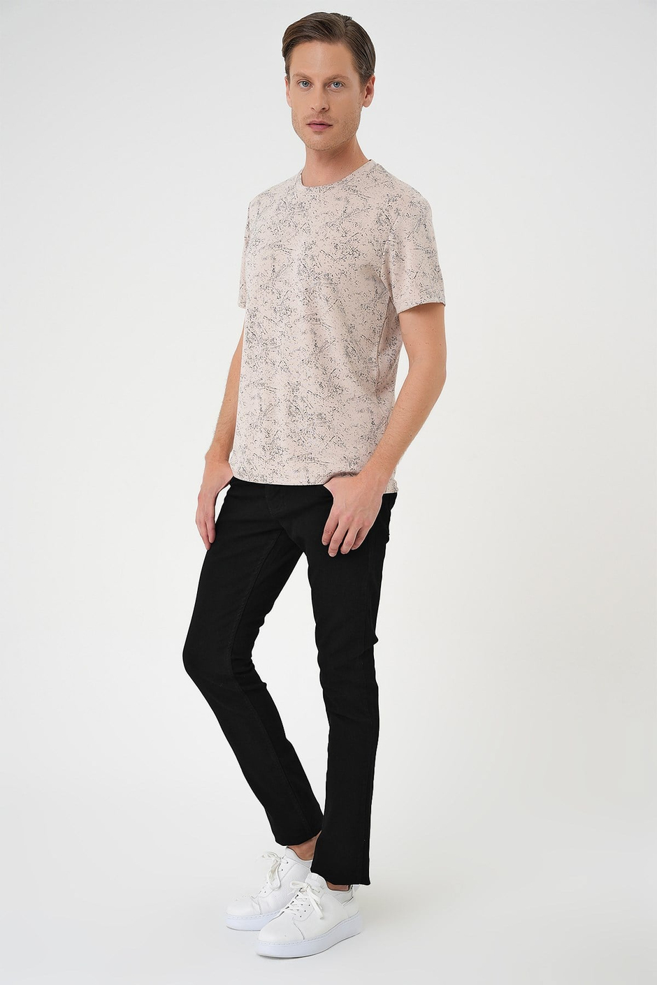 Comfort Fit Bisiklet Yaka Batik Görünümlü Esnek Pamuk Bej Tişört TS 905
