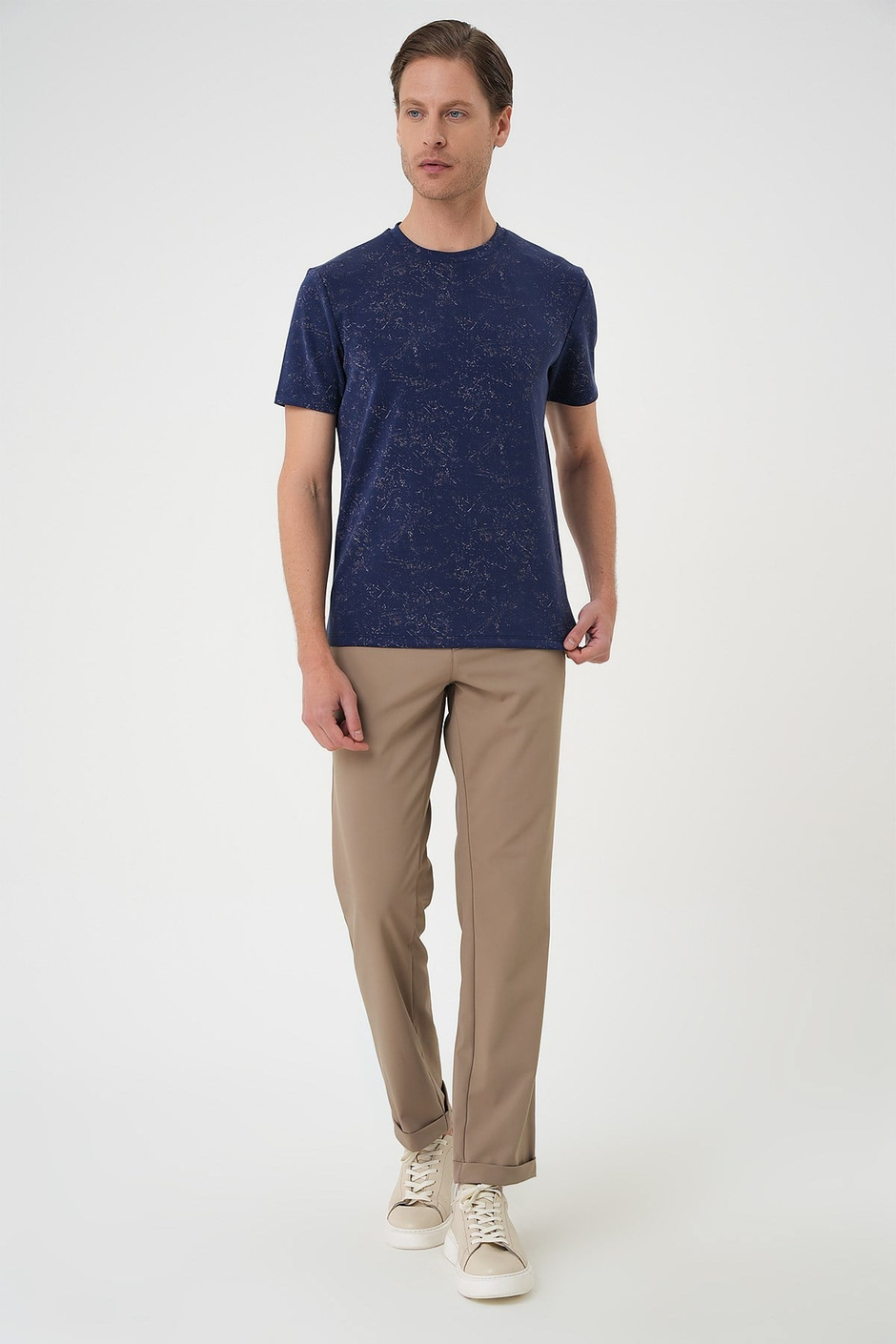 Comfort Fit Bisiklet Yaka Batik Görünümlü Esnek Pamuk Lacivert Tişört TS 905